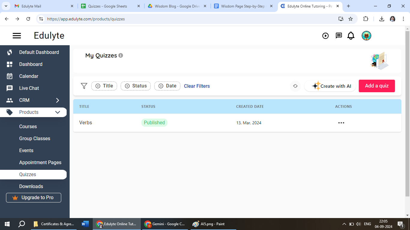 Click on Add a quiz tab